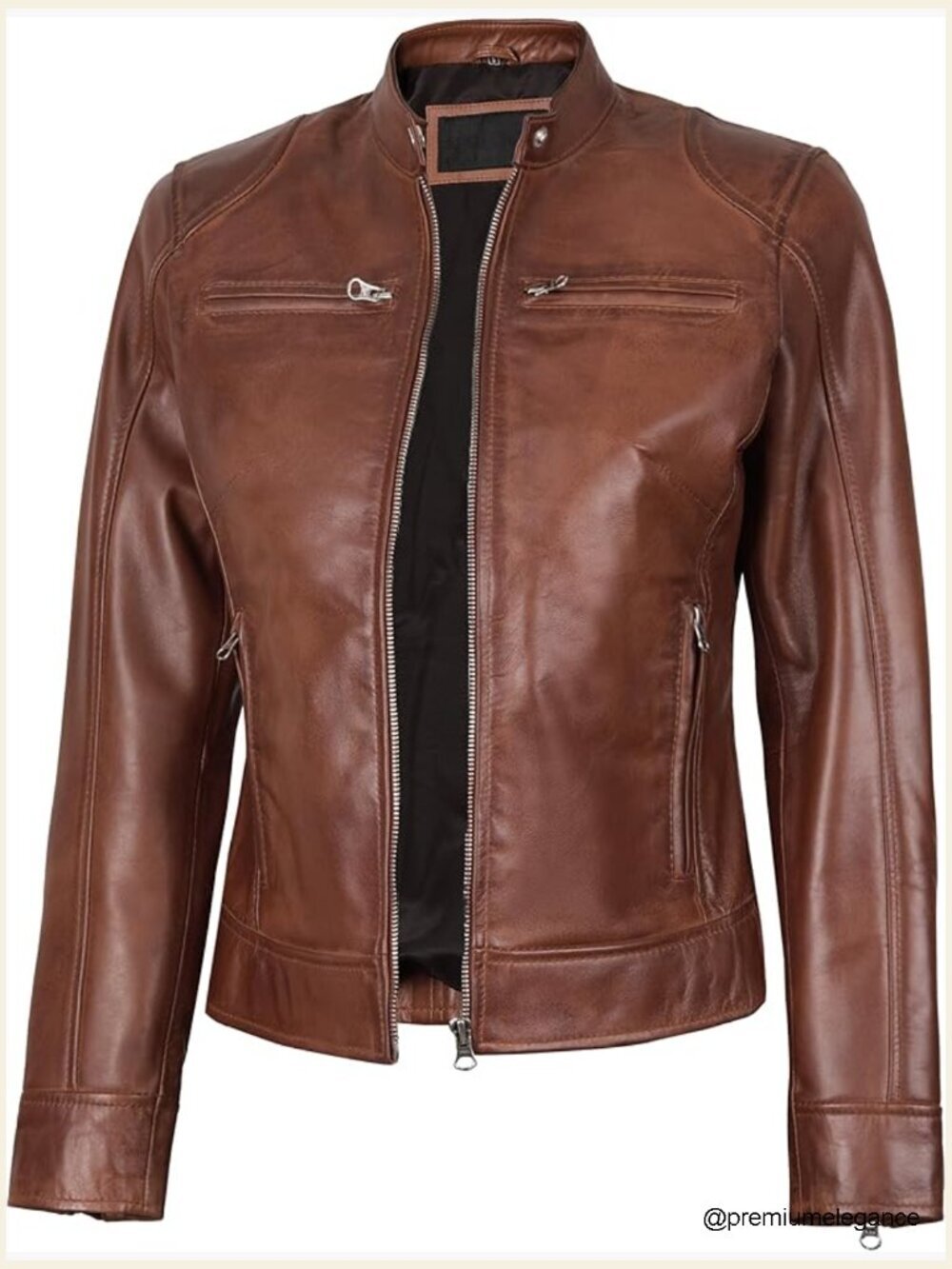 Genuine Lambskin Leather Jacket Cafe Racer Snap-Tab Collar Zipper